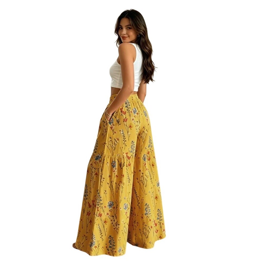 Boho Tiered Wide Leg Palazzo Pants L Mustard Yellow Floral Hippie Cottagecore - Picture 4 of 13